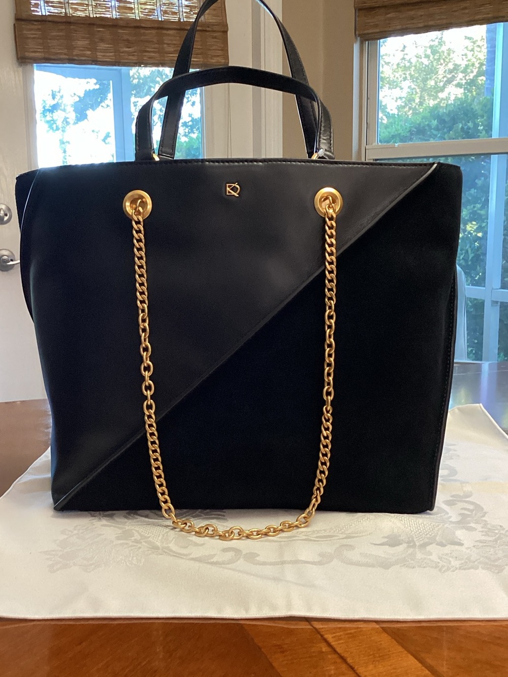 Donna Karan Setuaket Black Suede and Leather Tote with Gold Chain Accents
